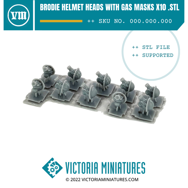 3D Printable Brodie Helmet Heads with Gas Masks x10 by Victoria